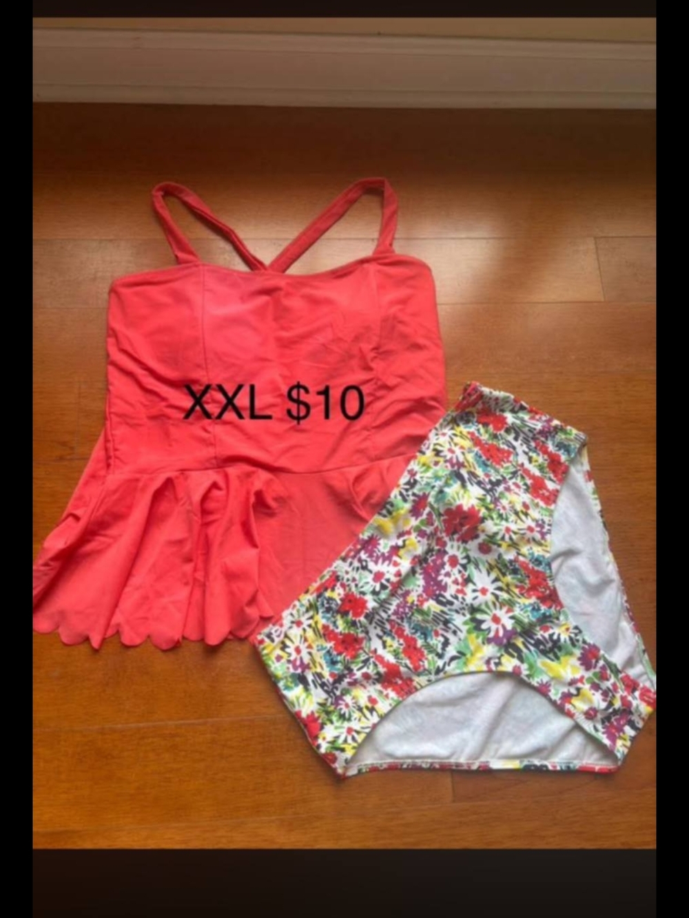 Coral Peplum Tankini Top with Floral High-Waist Bottoms